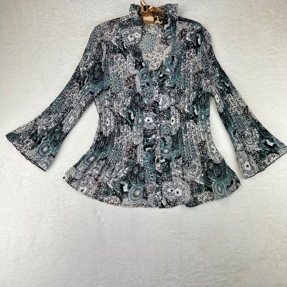 Dressbarn Blouse Womens L Teal Paisley Pleated Bell Sleeve Button Front Artsy